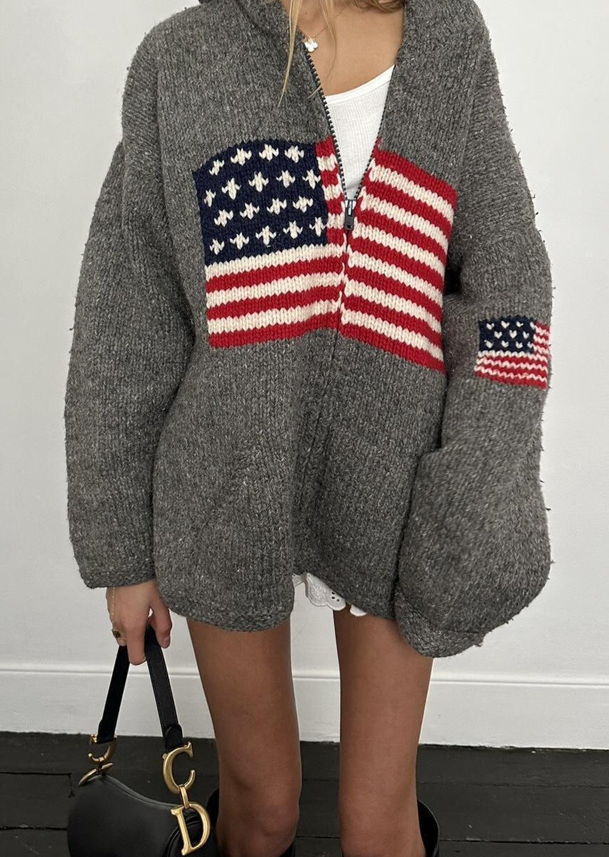 Chic Flag Graphic Knit Zippered Hoodie