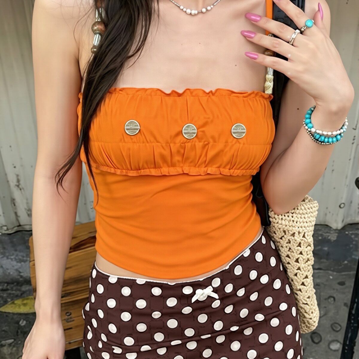 Colorful Beaded Off Shoulder Ruffle Smocked Cami Top
