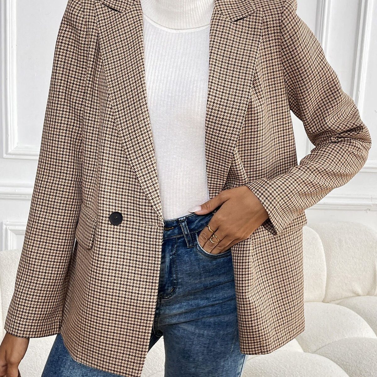 Vintage Houndstooth Elegant Casual Blazer