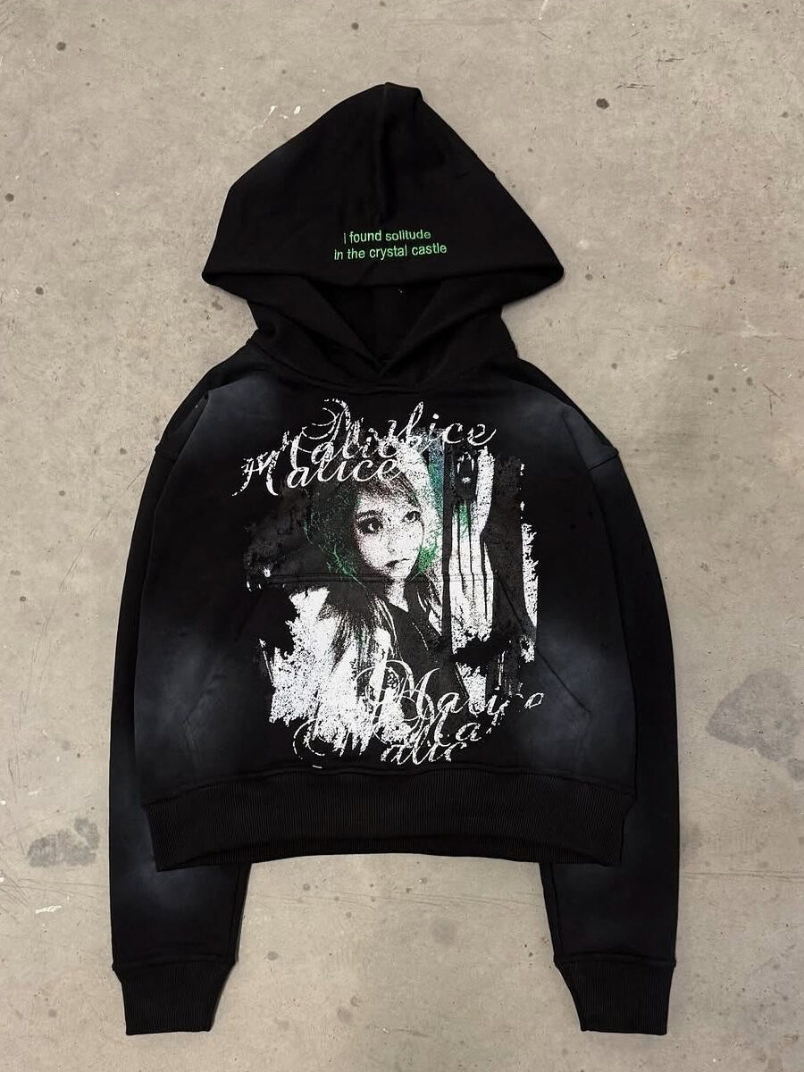Vintage Print Color Block Gothic Hoodie