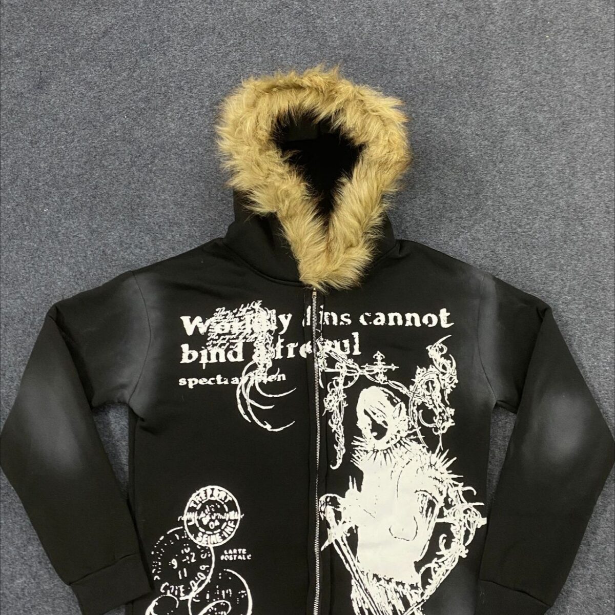 Street Print Fur Trimmed Relaxed Hoodie