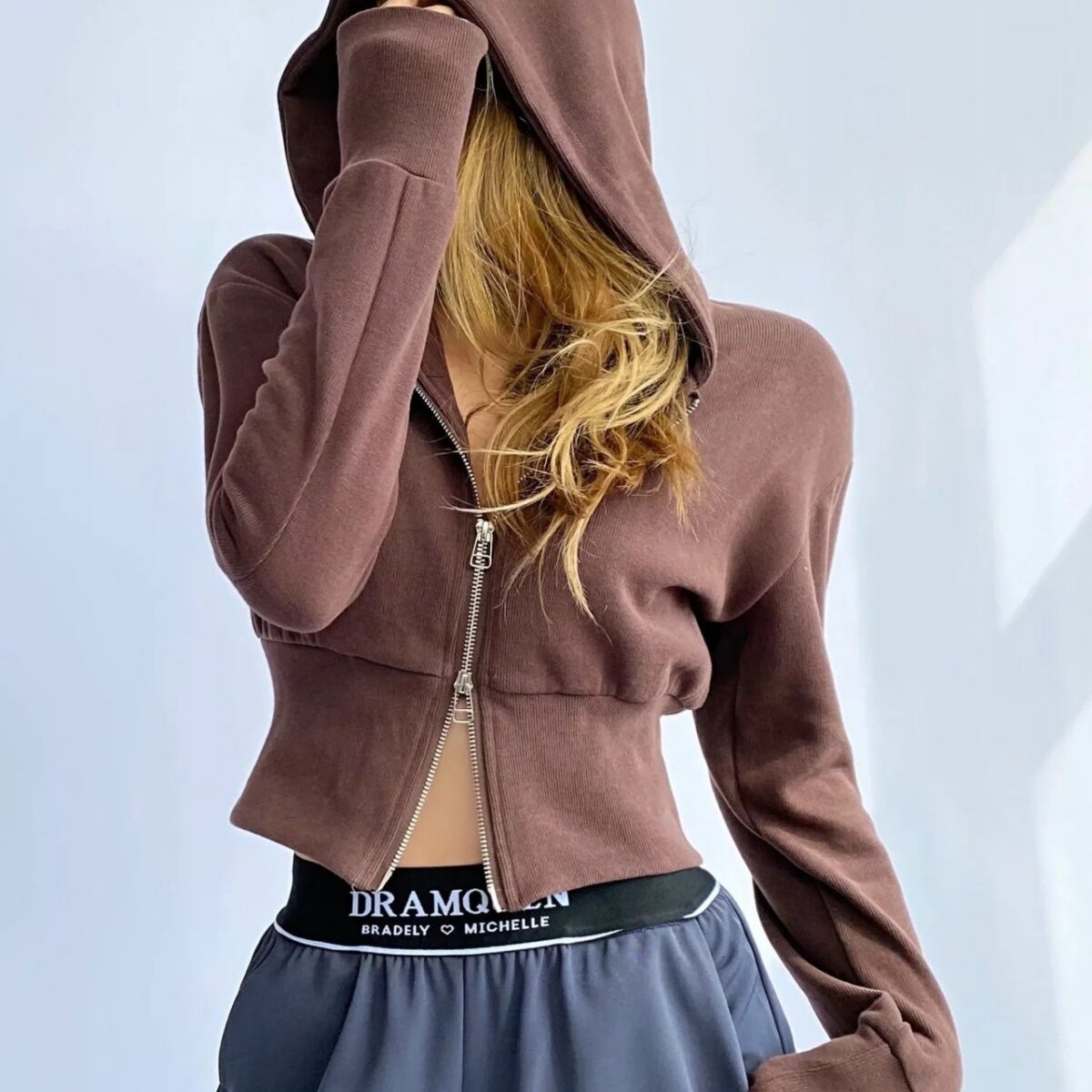 Solid Dual Zipper Slim Cropped Hoodie